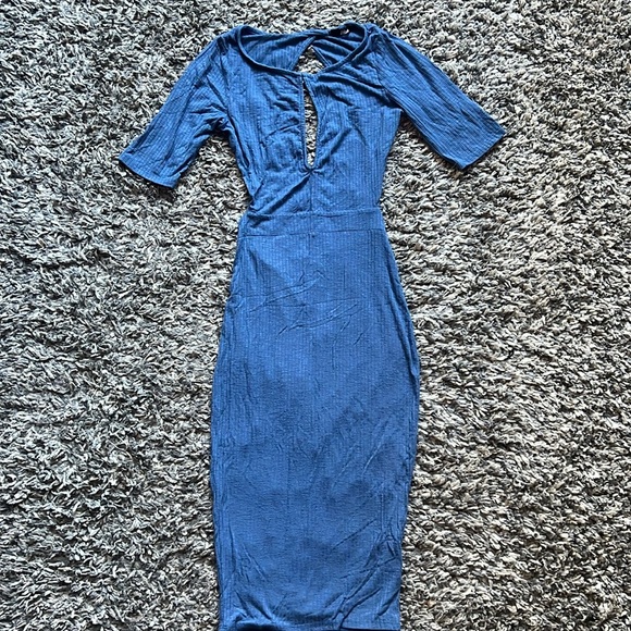 Elegant Blue Ribbed Backless Bodycon Dress, S - Picture 2 of 4